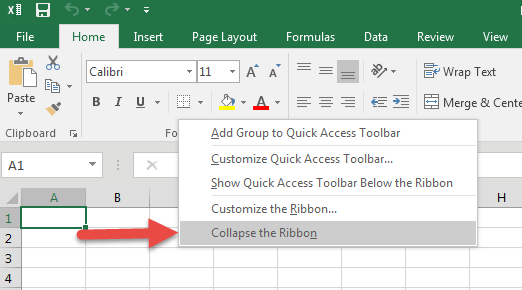 Excel 2016 Ribbon Collapsing