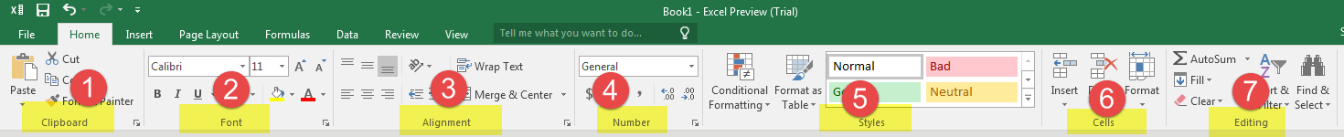 Home Tab in Excel 2016