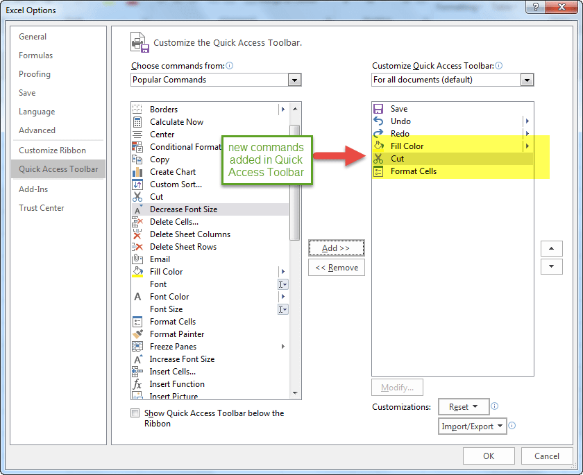 new commands in Quick Access Toolbar