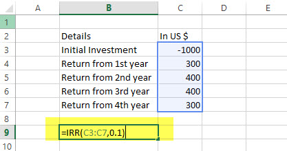 IRR - Financial Functions in Excel Example