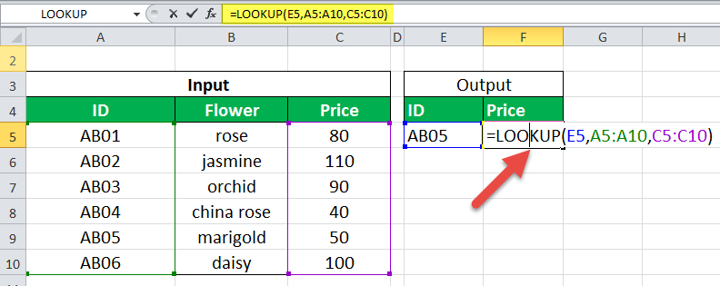 LOOKUP Function Example 1-1