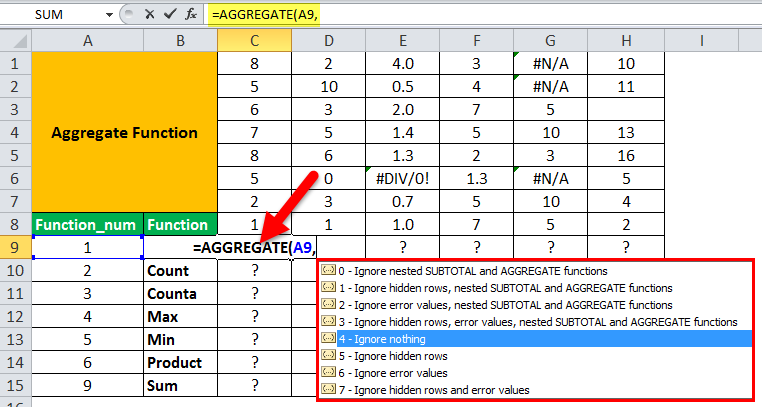 Aggregate Excel Function Example 1-3
