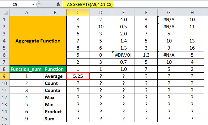 Aggregate Excel Function Example 1-5