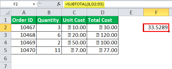 Excel SUBTOTAL Function Example 8