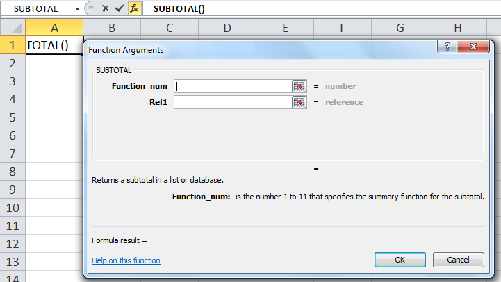Step 2 to Open SUBTOTAL Function