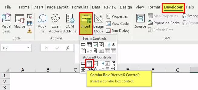 click Developer Tab > Insert > Combo Box > Active X Controls