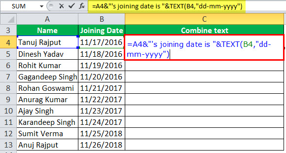 Date to Text in Excel Example 1