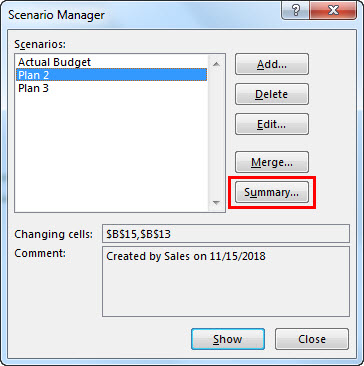 Scenario Manager (Summary Report) - Step 1