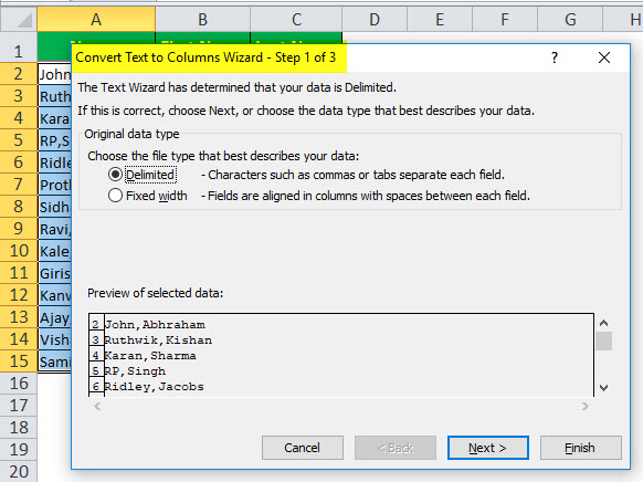 Text to Columns in Excel example 1-2