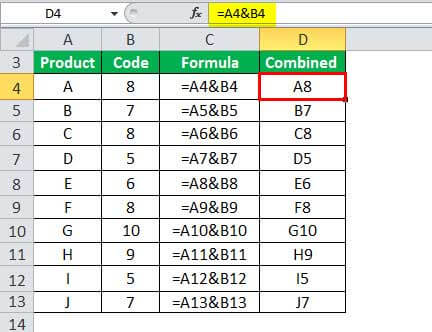 Combine Cells in Excel Example 1-1