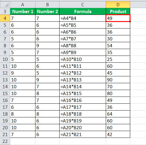 Multiply Numbers in Excel Example 1-2