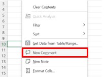Insert Comment in Excel - Step 1