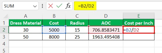 PI in Excel - Example 2 - calculate cost per inch