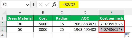 PI in Excel - Example 2 - drag (cost per inch)