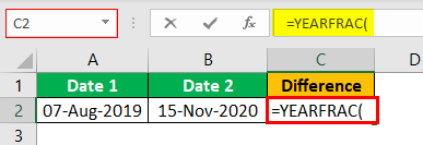 Excel YEARFRAC Example 1.2