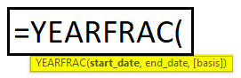 Excel YEARFRAC syntax