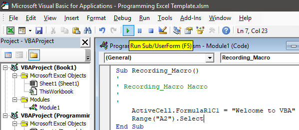 Programming in Excel Example 1.20.1