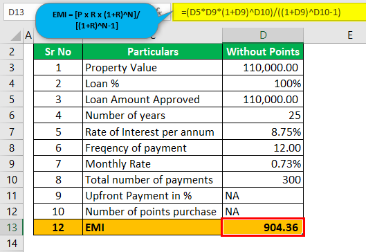 Mortgage Points calculator - Example 1 (without Points)