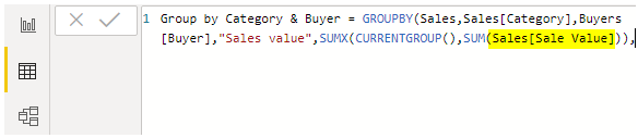 Power BI Group By - SUM (Table Name)