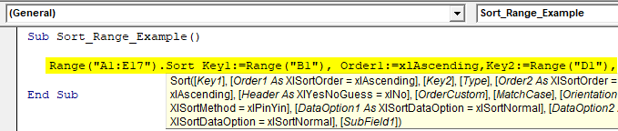 VBA Sort Range Example 1.13