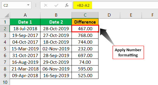 Subtract Date in Excel Example 1.2
