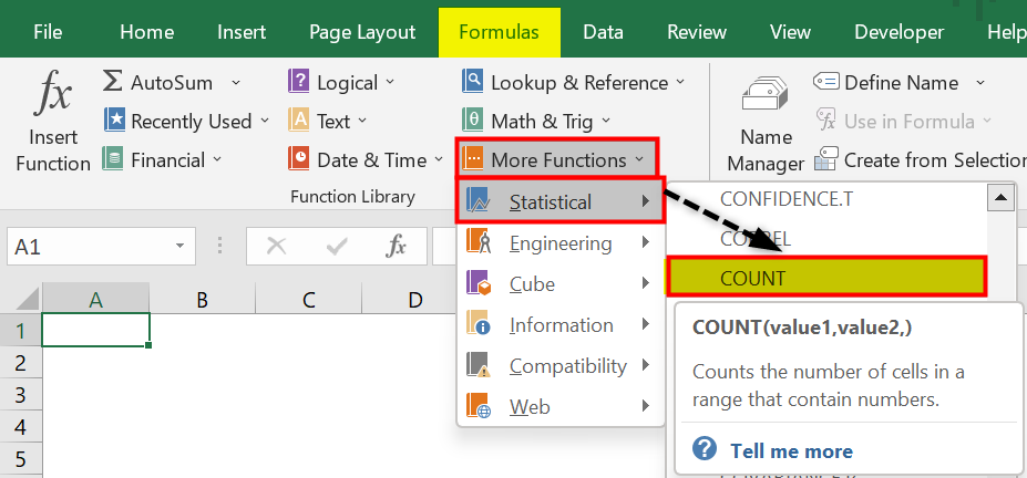 COUNT Function in Excel - Access from the excel ribbon