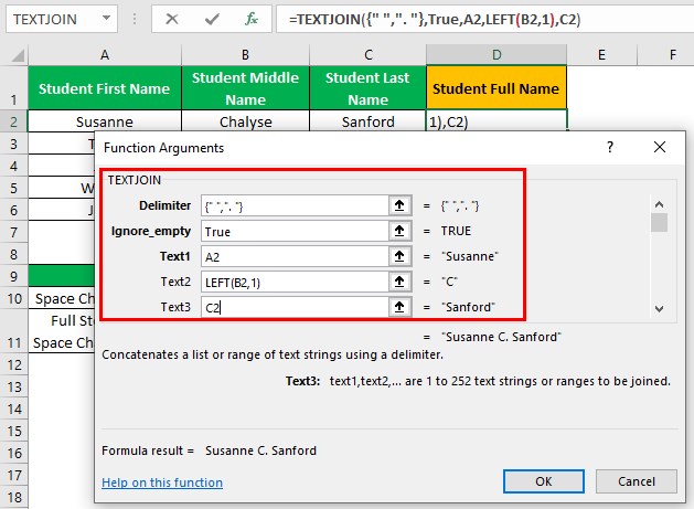 Textjoin in Excel - Example 1 - Function Arguments updated