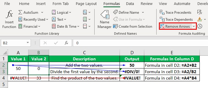 Trace Dependents Excel - Example 1 - Remove Arrows
