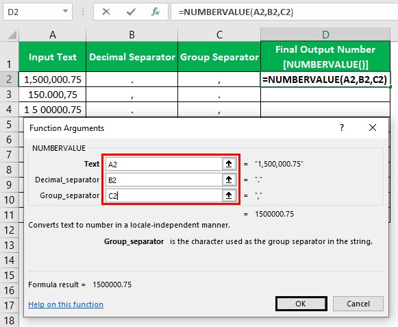 NumberValue Excel - Example 1 - Step 2 - Alternative - argument