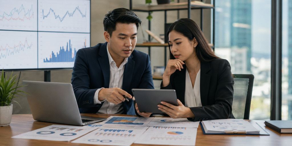 Two professionals review financial data in an office