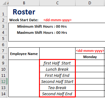Creating Roster Excel Template Method 1-4