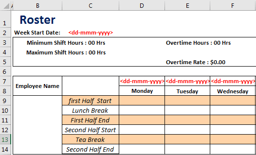 Creating Roster Excel Template Method 1-5