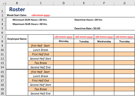 Creating Roster Excel Template Method 1-6