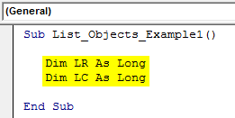 VBA List Object Example 1.2