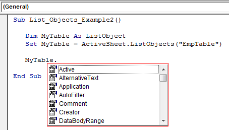 List Object Properties