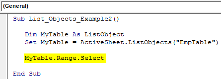 List Object to Select Entire Table